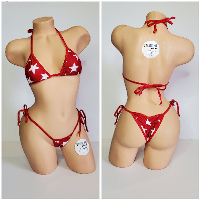 Red with White Stars with Your Choice Trim Color 2 Piece String Bikini Set One Size-8