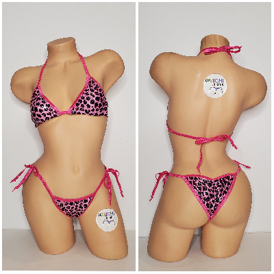 Pink and Black Leopard Print with Hot Pink Trim 2pc String Bikini Set One Size-0