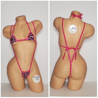Pink and Black Leopard Print with Hot Pink Trim 2pc String Bikini Set One Size-2