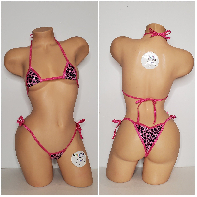 Pink and Black Leopard Print with Hot Pink Trim 2pc String Bikini Set One Size-3