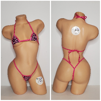 Pink and Black Leopard Print with Hot Pink Trim 2pc String Bikini Set One Size-4