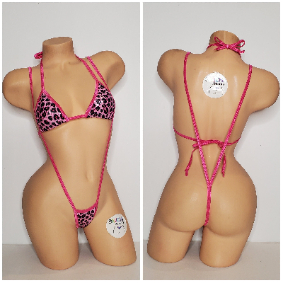 Pink and Black Leopard Print with Hot Pink Trim 2pc String Bikini Set One Size-5
