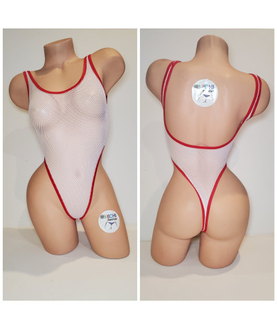 White Small Hole Fishnet with Your Choice Trim Color ***VERY SHEER*** 1 Piece Bodysuit Size SMALL