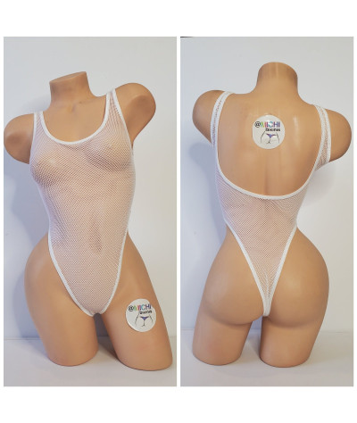 White Small Hole Fishnet with Your Choice Trim Color ***VERY SHEER*** 1 Piece Bodysuit Size SMALL