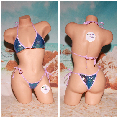Iridescent Blue/Green Shift Mermaid w/ Your Choice Trim Color Medium Coverage Top Scrunch Butt Bottoms String Bikini Set One
