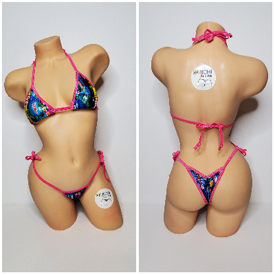 Neon Tokyo Street Sign Pattern Your Choice Trim Color 2 Piece Micro Bikini Set One Size-4