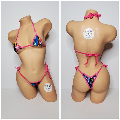Neon Tokyo Street Sign Pattern Your Choice Trim Color 2 Piece Micro Bikini Set One Size-5