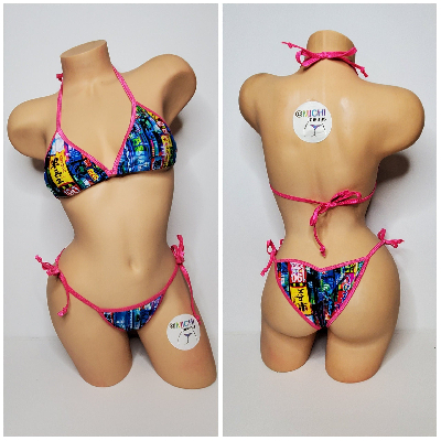 Neon Tokyo Street Sign Pattern Your Choice Trim Color 2 Piece Micro Bikini Set One Size-6