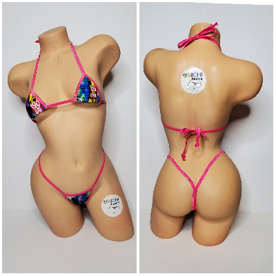 Neon Tokyo Street Sign Pattern Your Choice Trim Color 2 Piece Micro Bikini Set One Size-7