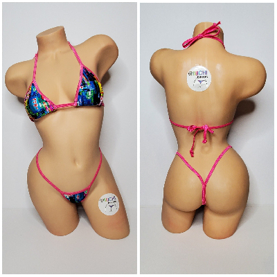 Neon Tokyo Street Sign Pattern Your Choice Trim Color 2 Piece Micro Bikini Set One Size-9