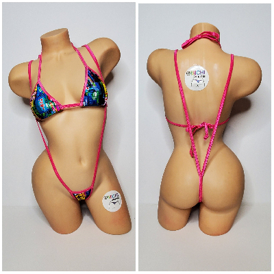 Neon Tokyo Street Sign Pattern Your Choice Trim Color 2 Piece Micro Bikini Set One Size-10