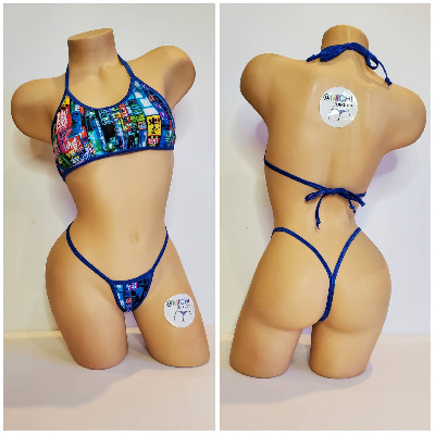 Neon Tokyo Street Sign Pattern Your Choice Trim Color 2 Piece Micro Bikini Set One Size-11