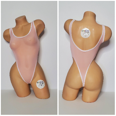 Baby Pink Mesh with Your Choice Trim Color ***VERY SHEER*** 1 Piece Bodysuit Size SMALL-1