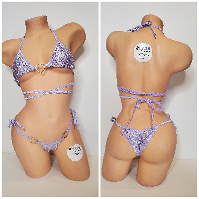 Shattered Holographic Periwinkle with Gold Hearts Hardware Medium Coverage Top Scrunch Butt Bottom 2 Piece Micro String Bikini