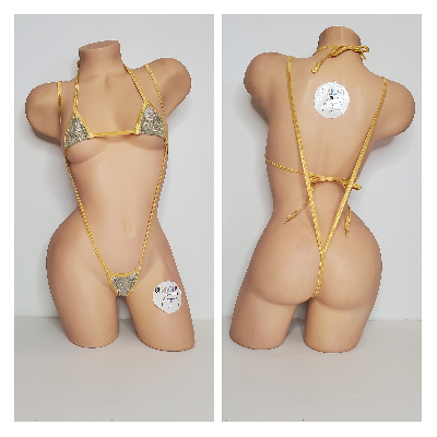 Glittery Light Gold with Gold Trim 2 Piece Micro String Bikini Set One Size-6