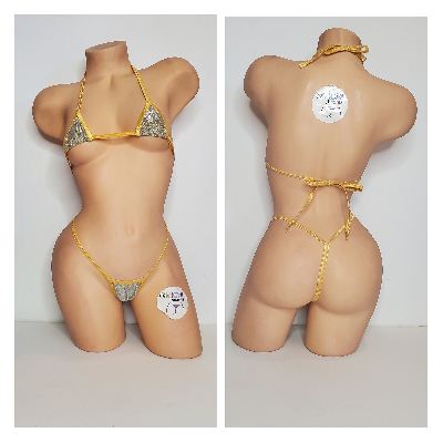 Glittery Light Gold with Gold Trim 2 Piece Micro String Bikini Set One Size-7