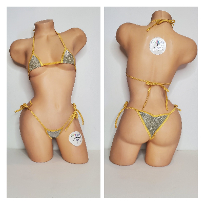 Glittery Light Gold with Gold Trim 2 Piece Micro String Bikini Set One Size-8