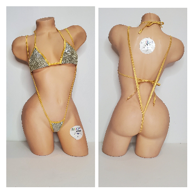 Glittery Light Gold with Gold Trim 2 Piece Micro String Bikini Set One Size-9