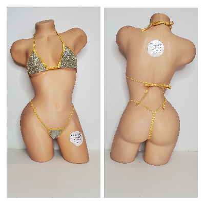 Glittery Light Gold with Gold Trim 2 Piece Micro String Bikini Set One Size-10