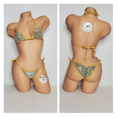Glittery Light Gold with Gold Trim 2 Piece Micro String Bikini Set One Size-11
