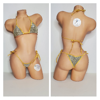 Glittery Light Gold with Gold Trim 2 Piece Micro String Bikini Set One Size-12