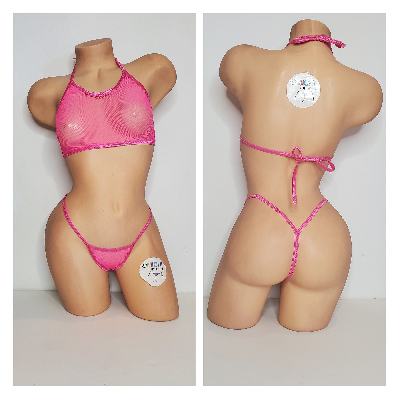 Hot Pink Medium Hole Fishnet *VERY SHEER* w/ Your Choice Trim Color Halter Top & Your Choice Bottom Style 2 Piece Micro Bikini