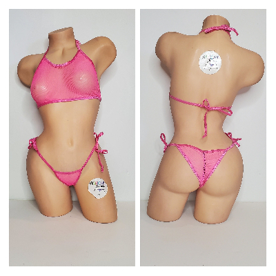 Hot Pink Medium Hole Fishnet *VERY SHEER* w/ Your Choice Trim Color Halter Top & Your Choice Bottom Style 2 Piece Micro Bikini
