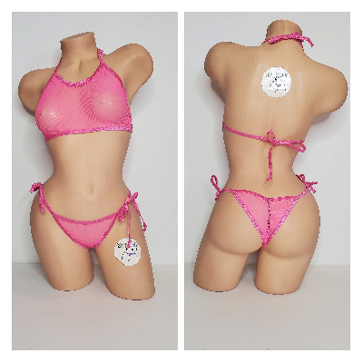 Hot Pink Medium Hole Fishnet *VERY SHEER* w/ Your Choice Trim Color Halter Top & Your Choice Bottom Style 2 Piece Micro Bikini