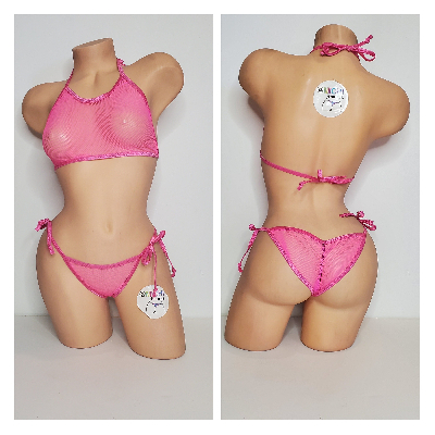 Hot Pink Medium Hole Fishnet *VERY SHEER* w/ Your Choice Trim Color Halter Top & Your Choice Bottom Style 2 Piece Micro Bikini