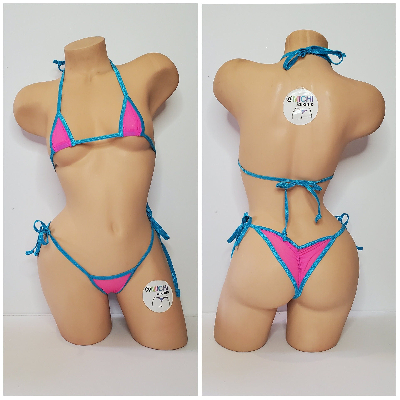Hot Pink Medium Hole Fishnet *VERY SHEER* w/ Your Choice Trim Color Halter Top & Your Choice Bottom Style 2 Piece Micro Bikini