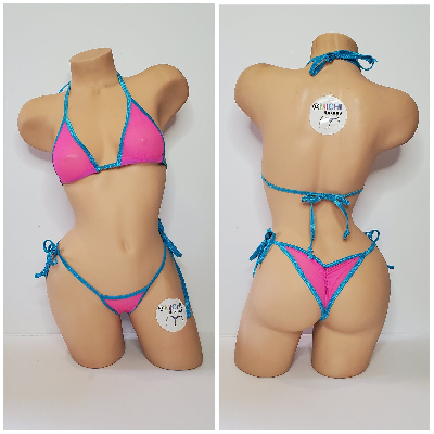 Hot Pink Medium Hole Fishnet *VERY SHEER* w/ Your Choice Trim Color Halter Top & Your Choice Bottom Style 2 Piece Micro Bikini