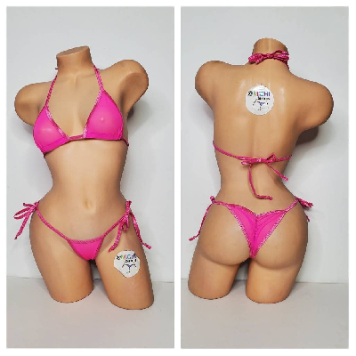 Hot Pink Medium Hole Fishnet *VERY SHEER* w/ Your Choice Trim Color Halter Top & Your Choice Bottom Style 2 Piece Micro Bikini