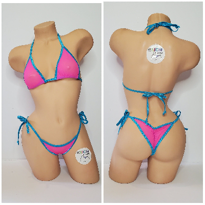 Hot Pink Medium Hole Fishnet *VERY SHEER* w/ Your Choice Trim Color Halter Top & Your Choice Bottom Style 2 Piece Micro Bikini