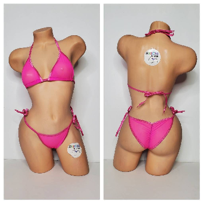 Hot Pink Medium Hole Fishnet *VERY SHEER* w/ Your Choice Trim Color Halter Top & Your Choice Bottom Style 2 Piece Micro Bikini