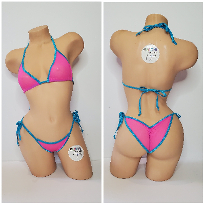 Hot Pink Medium Hole Fishnet *VERY SHEER* w/ Your Choice Trim Color Halter Top & Your Choice Bottom Style 2 Piece Micro Bikini