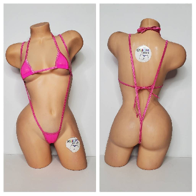 Hot Pink Medium Hole Fishnet *VERY SHEER* w/ Your Choice Trim Color Halter Top & Your Choice Bottom Style 2 Piece Micro Bikini