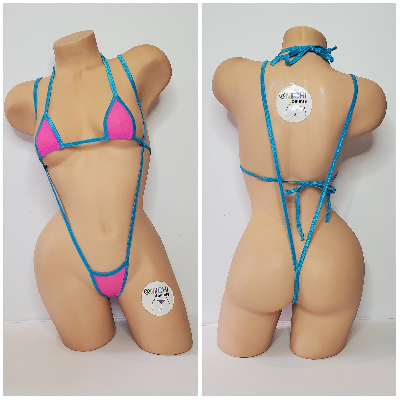 Hot Pink Medium Hole Fishnet *VERY SHEER* w/ Your Choice Trim Color Halter Top & Your Choice Bottom Style 2 Piece Micro Bikini