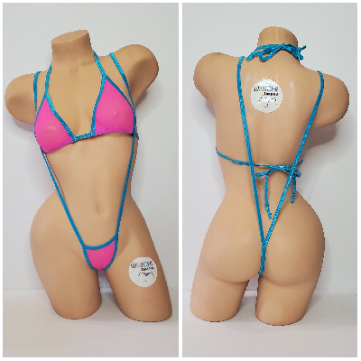 Hot Pink Medium Hole Fishnet *VERY SHEER* w/ Your Choice Trim Color Halter Top & Your Choice Bottom Style 2 Piece Micro Bikini