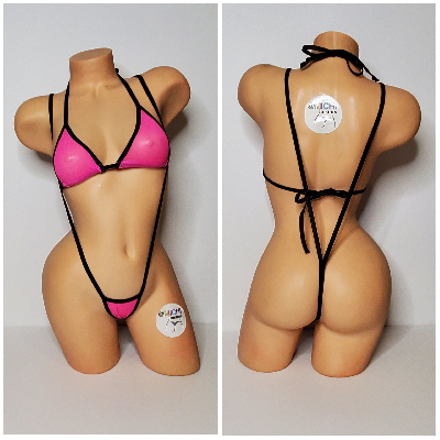 Hot Pink Medium Hole Fishnet *VERY SHEER* w/ Your Choice Trim Color Halter Top & Your Choice Bottom Style 2 Piece Micro Bikini