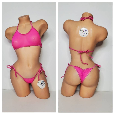 Hot Pink Medium Hole Fishnet *VERY SHEER* w/ Your Choice Trim Color Halter Top & Your Choice Bottom Style 2 Piece Micro Bikini