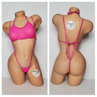 Hot Pink Medium Hole Fishnet *VERY SHEER* w/ Your Choice Trim Color Halter Top & Your Choice Bottom Style 2 Piece Micro Bikini
