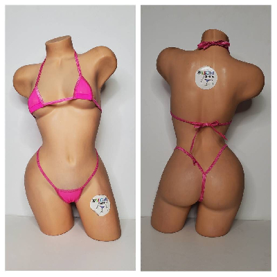 Hot Pink Medium Hole Fishnet *VERY SHEER* w/ Your Choice Trim Color Halter Top & Your Choice Bottom Style 2 Piece Micro Bikini