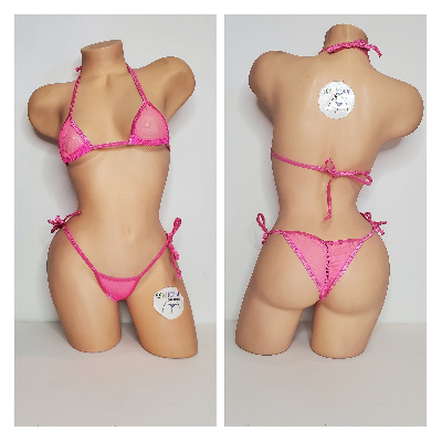 Hot Pink Medium Hole Fishnet *VERY SHEER* w/ Your Choice Trim Color Halter Top & Your Choice Bottom Style 2 Piece Micro Bikini