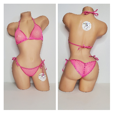 Hot Pink Medium Hole Fishnet *VERY SHEER* w/ Your Choice Trim Color Halter Top & Your Choice Bottom Style 2 Piece Micro Bikini
