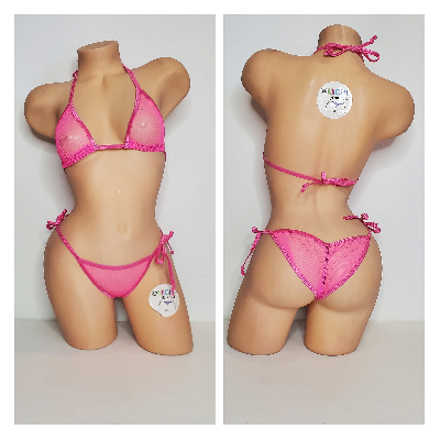 Hot Pink Medium Hole Fishnet *VERY SHEER* w/ Your Choice Trim Color Halter Top & Your Choice Bottom Style 2 Piece Micro Bikini