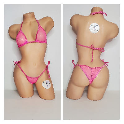 Hot Pink Medium Hole Fishnet *VERY SHEER* w/ Your Choice Trim Color Halter Top & Your Choice Bottom Style 2 Piece Micro Bikini