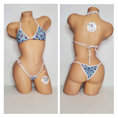 Multicolored Sugar Skulls on Baby Blue Your Choice Trim 2 Piece String Bikini Set One Size-1