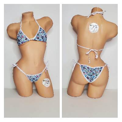 Multicolored Sugar Skulls on Baby Blue Your Choice Trim 2 Piece String Bikini Set One Size-2
