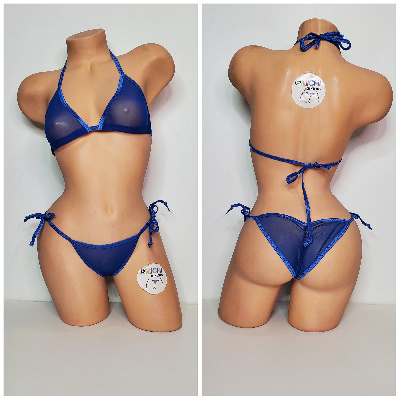 Blue Mesh (Semi Sheer) w/ Your Choice Trim Color  Micro String Bikini Set One Size-0