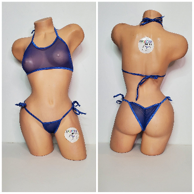 Blue Mesh (Semi Sheer) w/ Your Choice Trim Color  Micro String Bikini Set One Size-3